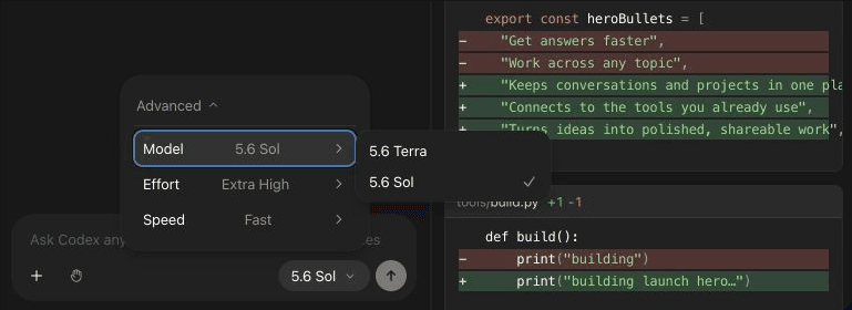 The Advanced model menu in Codex, with the Model row open and 5.6 Terra and 5.6 Sol visible.