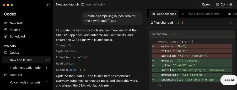 The Codex desktop workspace with projects on the left, task activity in the center, and file changes on the right.