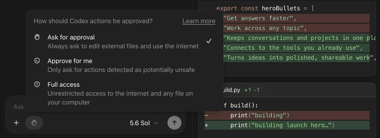 The Codex permission menu with Ask for approval selected above Approve for me and Full access.