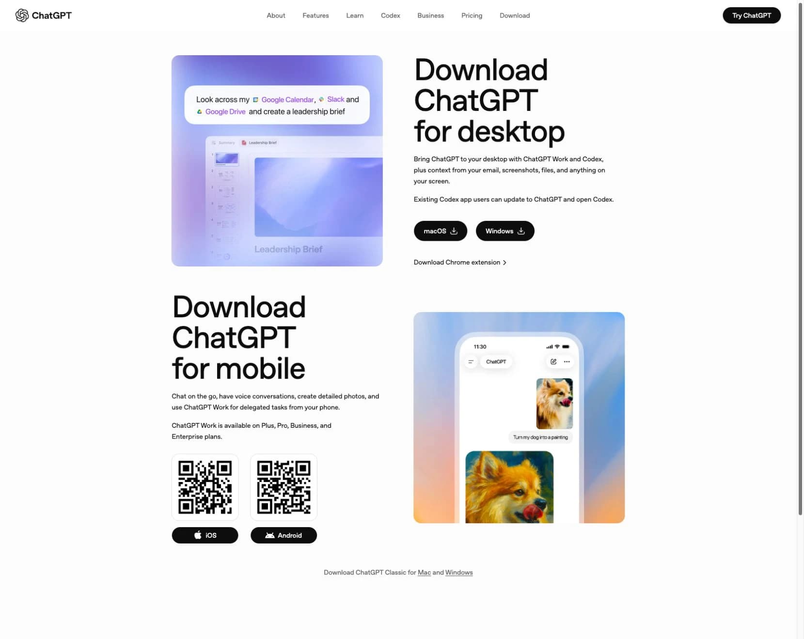 OpenAI's ChatGPT download page showing desktop download options.