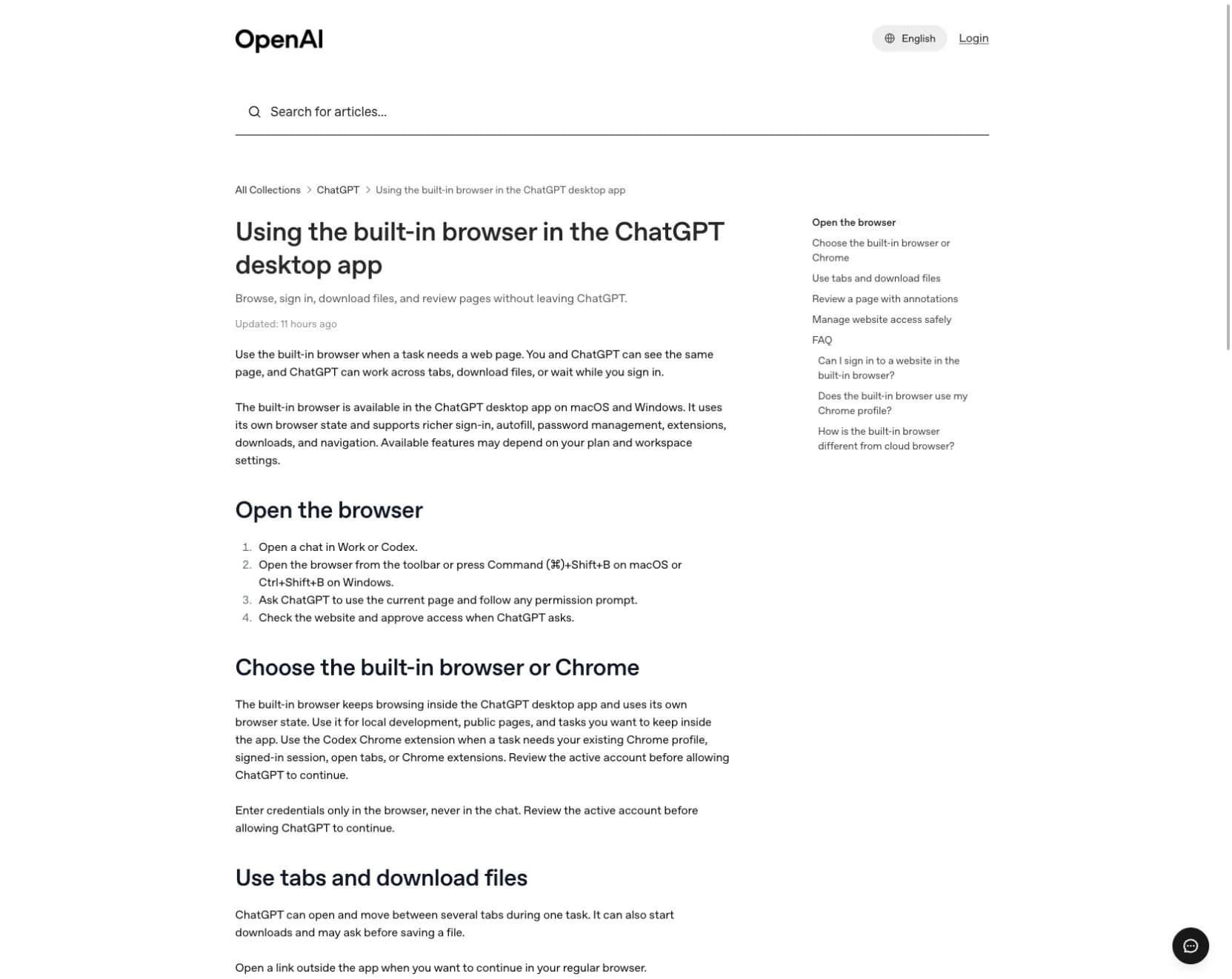 OpenAI Help Center article showing the built-in browser setup and permission review steps.