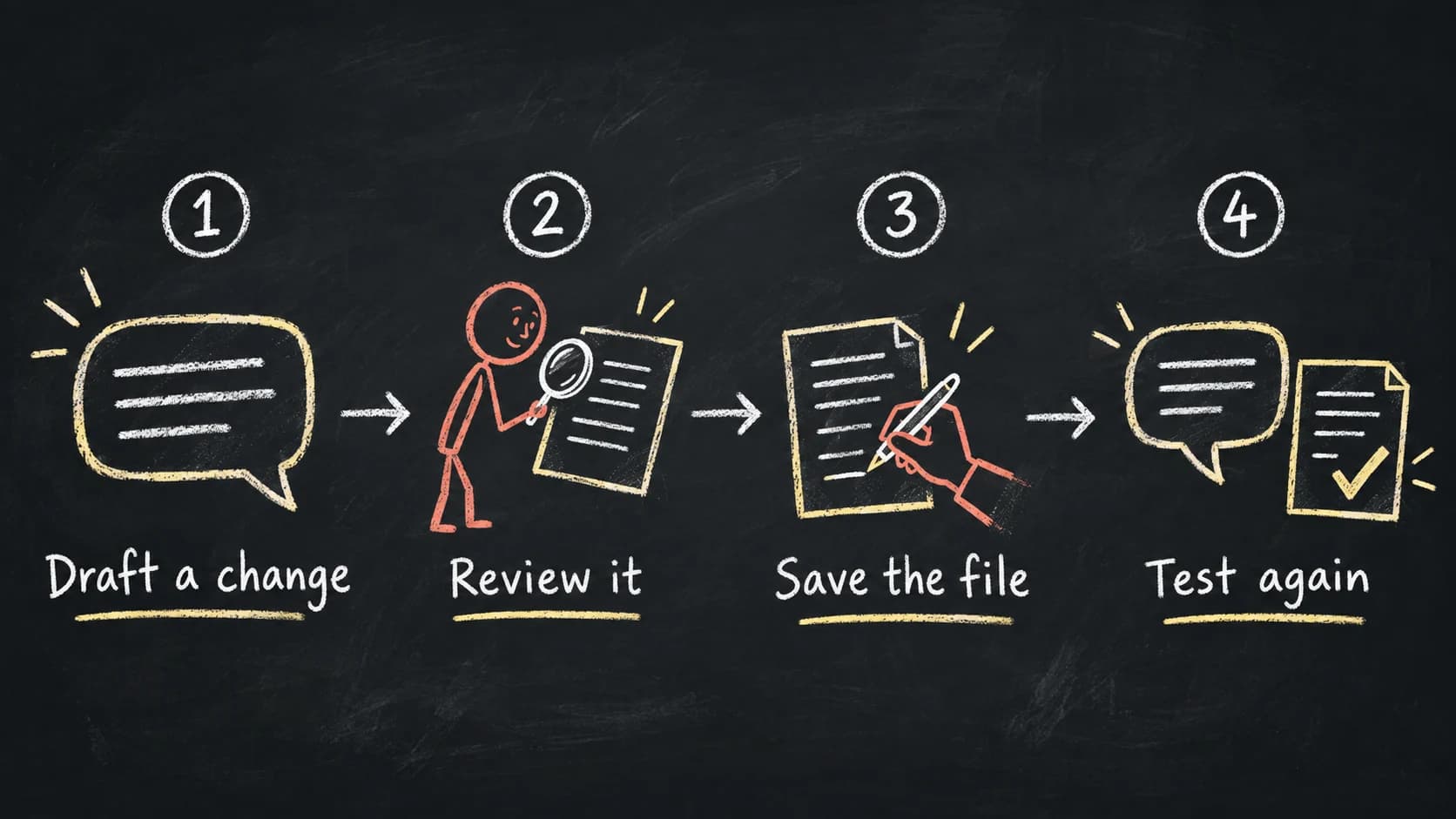 A four-step update loop: draft a change, review it, save the source file, and test the agent again.